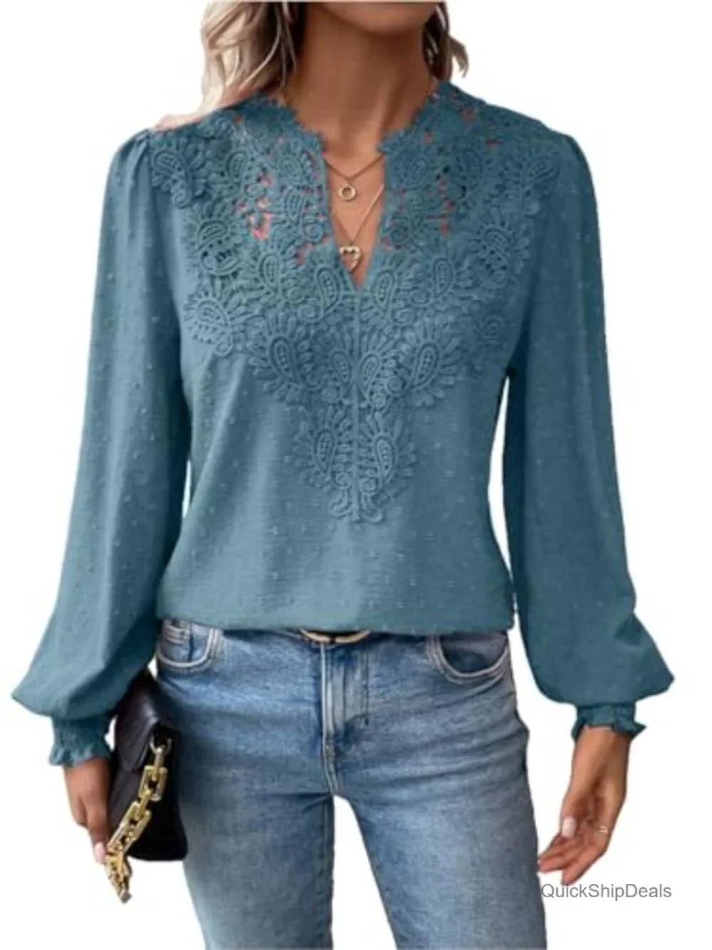 Dressy Lace Blouse V Neck Ruffle Long Sleeve Boho Tee Top